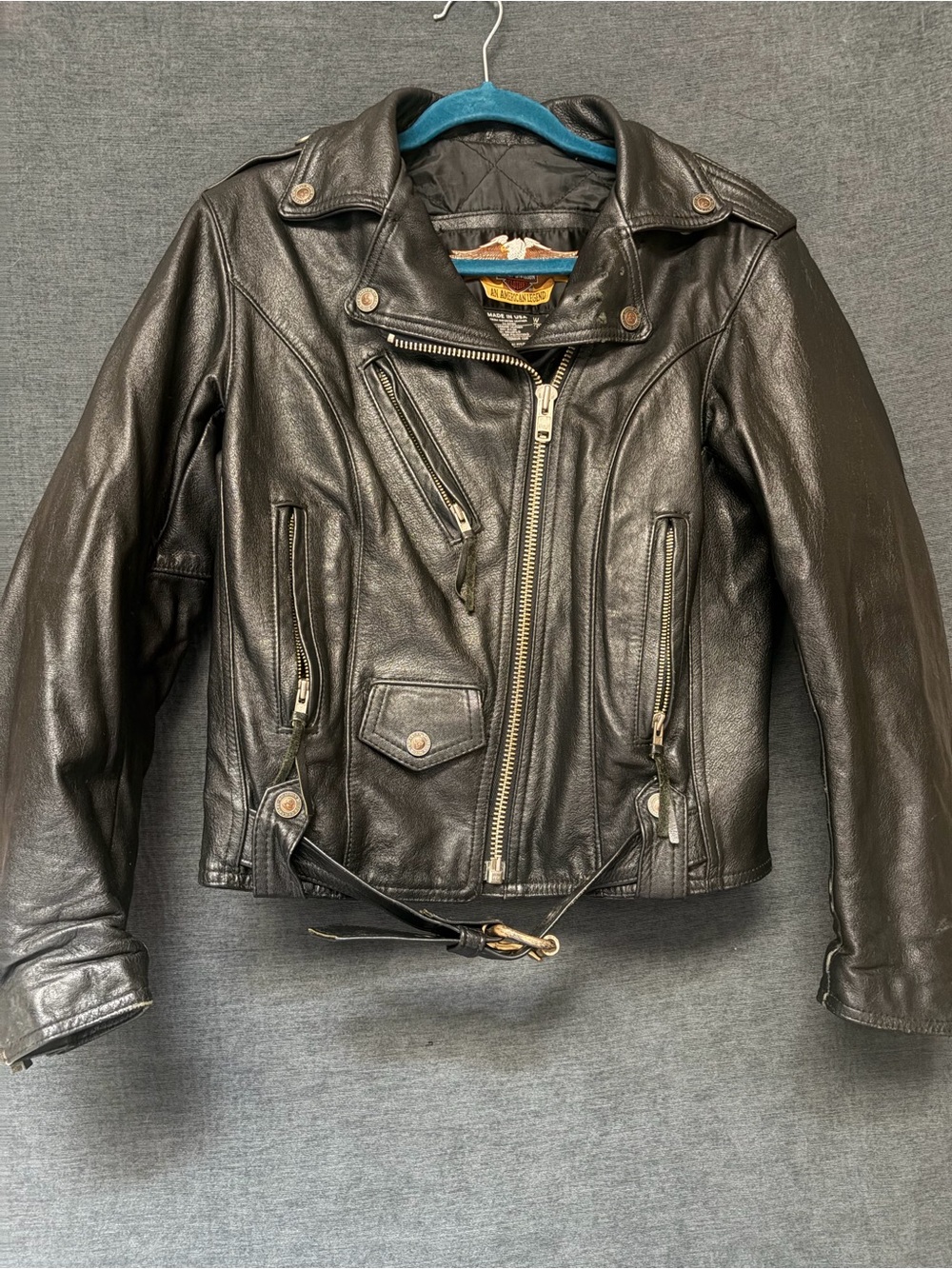 See notes:Harley-Davidson Black Leather Motorcycle Jacket with Zip Front
